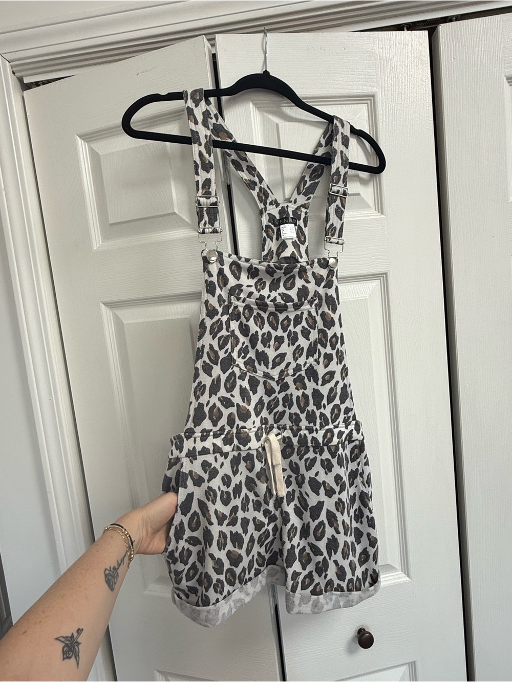 VENUS Leopard Print Short Overalls in Ivory, Black, Brown